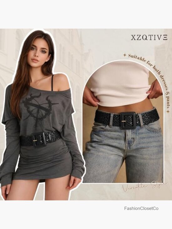 Wide Braided Leather Belt with Square Buckle - Adjustable Woven Waistband